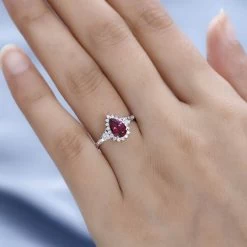 Luxoro 10K White Gold Premium Ouro Fino Rubellite, Moissanite Halo Ring 1.00 Ctw -Jewelry store 7583344 2