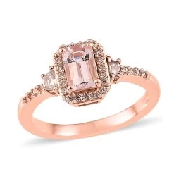 Premium Pink Morganite And White Zircon Halo Ring In Vermeil Rose Gold Over Sterling Silver 0.90 Ctw