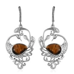 South African Tiger's Eye Peacock Earrings In Platinum Over Copper With Magnet And Stainless Steel 8.20 Ctw