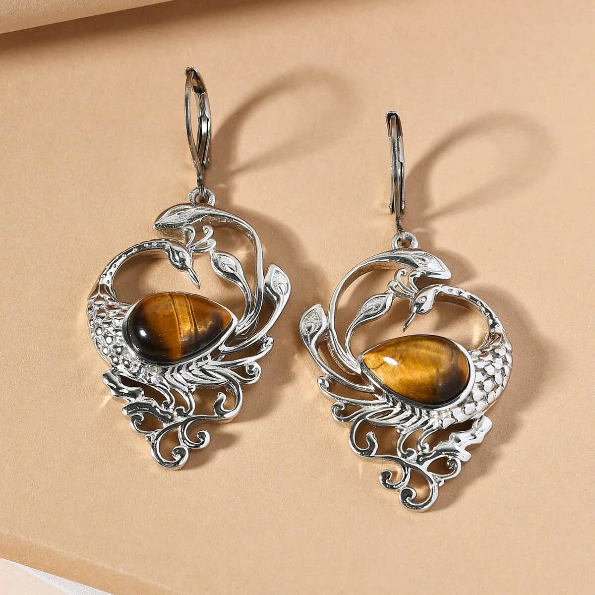 South African Tiger's Eye Peacock Earrings In Platinum Over Copper With Magnet And Stainless Steel 8.20 Ctw 4 South African Tiger's Eye Peacock Earrings In Platinum Over Copper With Magnet And Stainless Steel 8.20 Ctw - Image 2