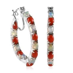 Ethiopian Welo Opal And Mediterranean Coral Hoop Earrings In Rhodium Over Sterling Silver 4.50 Ctw