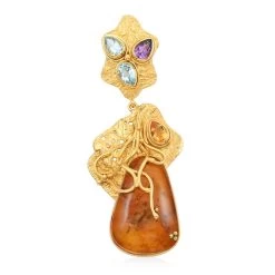 Baltic Amber And Multi Gemstone Etruscan Inspired Floral Vines Statement Drop Pendant In Sterling Silver 14.00 Ctw