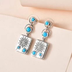 Sleeping Beauty Turquoise And Moissanite Sun Starburst Medallion Statement Earrings In Platinum Over Sterling Silver 1.35 Ctw -Jewelry store 7594715 1