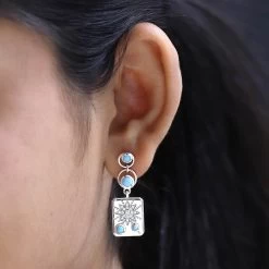 Sleeping Beauty Turquoise And Moissanite Sun Starburst Medallion Statement Earrings In Platinum Over Sterling Silver 1.35 Ctw -Jewelry store 7594715 2