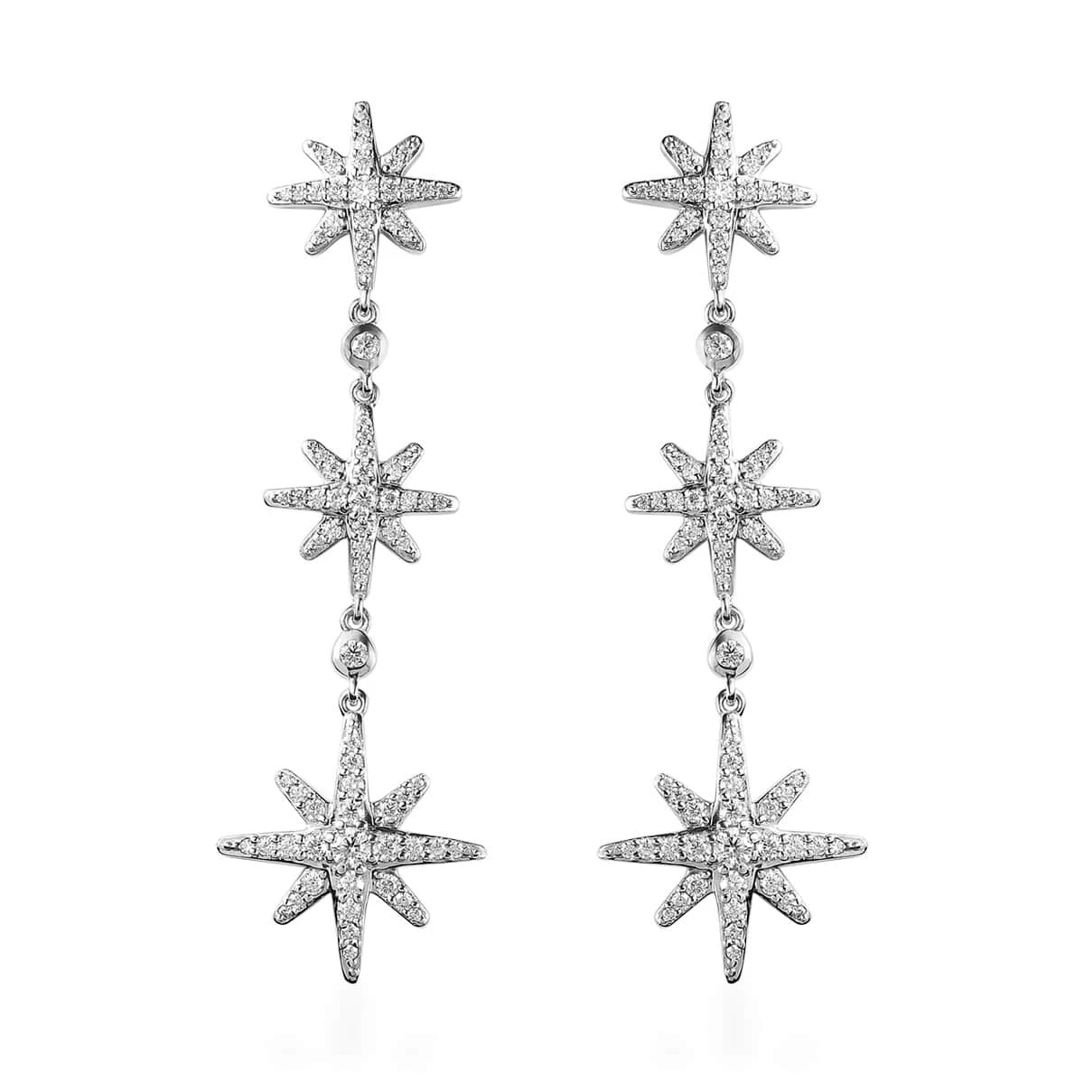 Moissanite Starburst Drop Statement Earrings In Platinum Over Sterling Silver 1.80 Ctw 3 Moissanite Starburst Drop Statement Earrings In Platinum Over Sterling Silver 1.80 Ctw