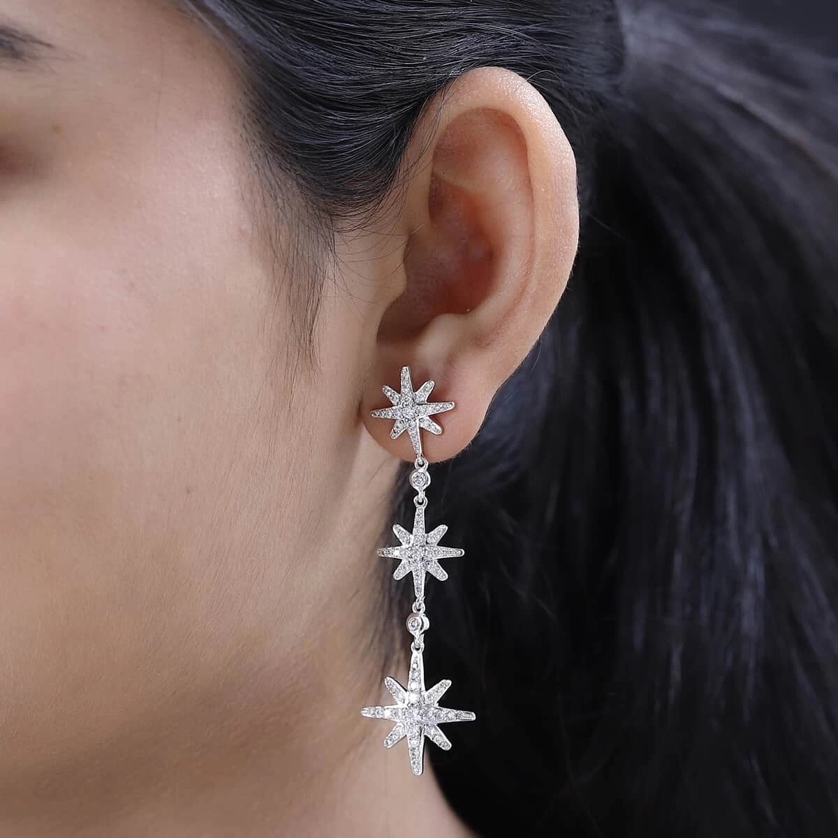 Moissanite Starburst Drop Statement Earrings In Platinum Over Sterling Silver 1.80 Ctw 5 Moissanite Starburst Drop Statement Earrings In Platinum Over Sterling Silver 1.80 Ctw - Image 3