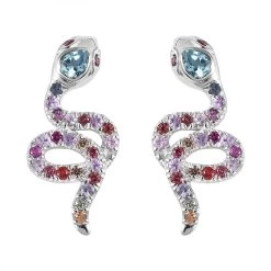 Sky Blue Topaz And Multi Sapphire Snake Earrings In Rhodium Over Sterling Silver 1.60 Ctw
