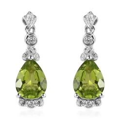 Premium Peridot And White Zircon Drop Earrings In Rhodium Over Sterling Silver 3.70 Ctw