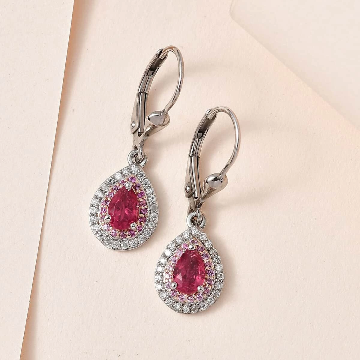 Ouro Fino Rubellite, Multi Gemstone Lever Back Earrings In Vermeil RG And Platinum Over Sterling Silver 1.20 Ctw 4 Ouro Fino Rubellite, Multi Gemstone Lever Back Earrings In Vermeil RG And Platinum Over Sterling Silver 1.20 Ctw - Image 2
