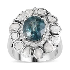 Premium Ratanakiri Blue Zircon Cocktail Ring In Platinum Over Sterling Silver, Polki Diamond Ring, Wedding Ring, Engagement Rings, Oval Engagement Ring 4.90 Ctw