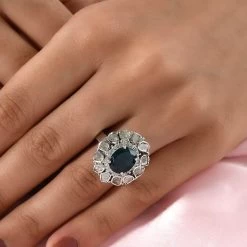 Premium Ratanakiri Blue Zircon Cocktail Ring In Platinum Over Sterling Silver, Polki Diamond Ring, Wedding Ring, Engagement Rings, Oval Engagement Ring 4.90 Ctw -Jewelry store 7603306 2