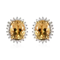 Premium Brazilian Heliodor, Moissanite Halo Stud Earrings In Vermeil Yellow Gold Over Sterling Silver 2.50 Ctw