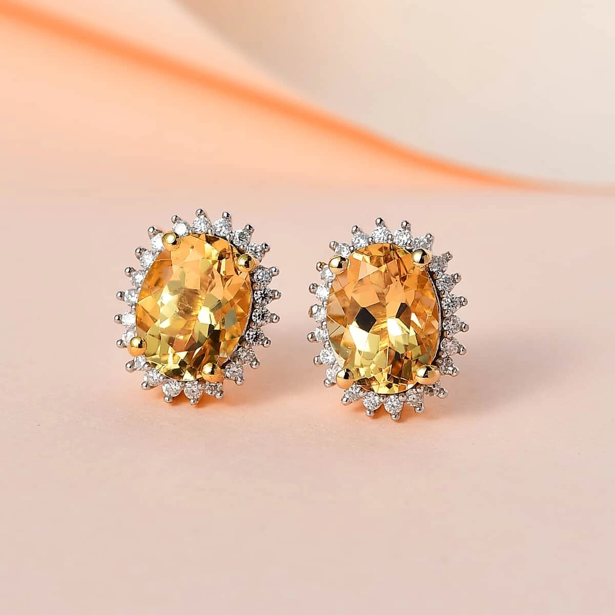 Premium Brazilian Heliodor, Moissanite Halo Stud Earrings In Vermeil Yellow Gold Over Sterling Silver 2.50 Ctw 4 Premium Brazilian Heliodor, Moissanite Halo Stud Earrings In Vermeil Yellow Gold Over Sterling Silver 2.50 Ctw - Image 2