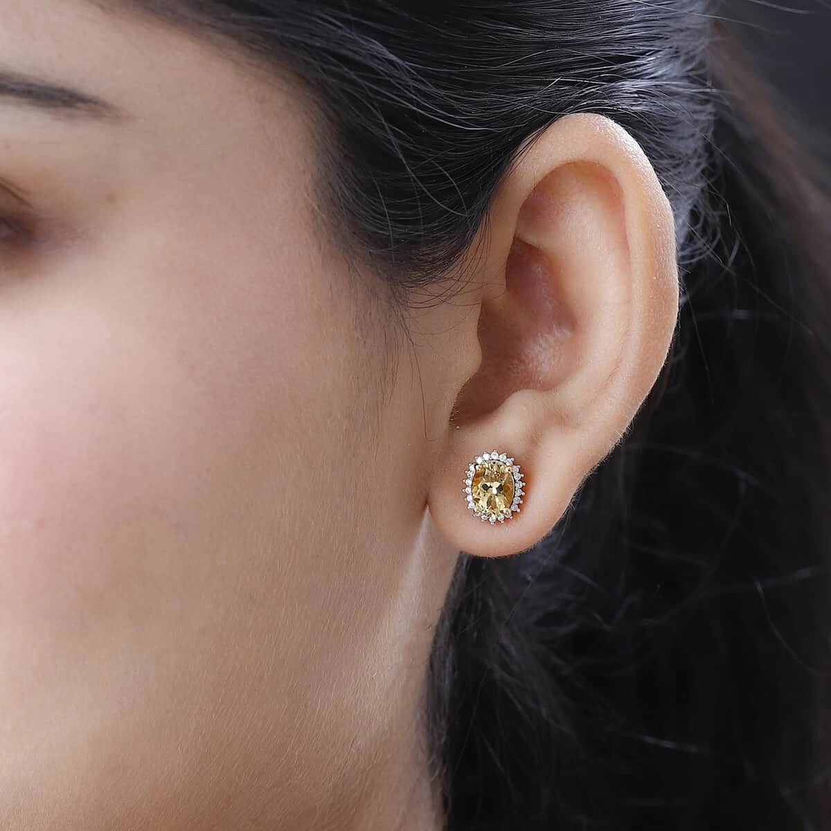 Premium Brazilian Heliodor, Moissanite Halo Stud Earrings In Vermeil Yellow Gold Over Sterling Silver 2.50 Ctw 5 Premium Brazilian Heliodor, Moissanite Halo Stud Earrings In Vermeil Yellow Gold Over Sterling Silver 2.50 Ctw - Image 3