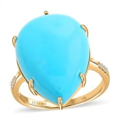 Luxoro 14K Yellow Gold AAA Sleeping Beauty Turquoise, Diamond (G-H, I2) Ring 12.65 Ctw