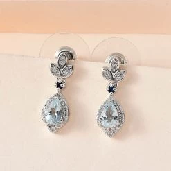 Premium Mangoro Aquamarine And Multi Gemstone Dangling Earrings In Platinum Over Sterling Silver 1.00 Ctw -Jewelry store 7615708 1