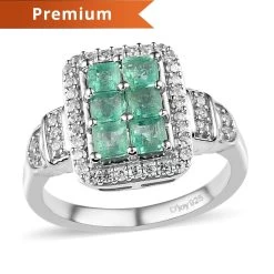 Ethiopian Emerald And White Zircon Ring In Platinum Over Sterling Silver 1.40 Ctw