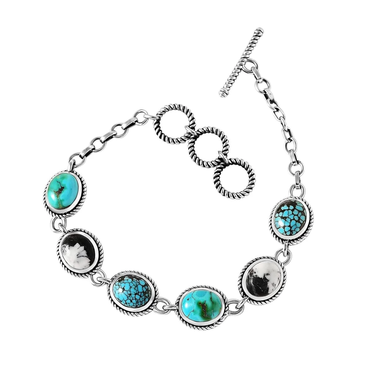 Artisan Crafted Royston Turquoise, Blue Moon Turquoise And White Buffalo Toggle Clasp Bracelet In Sterling Silver (7.25 In) 16.50 Ctw 3 Artisan Crafted Royston Turquoise, Blue Moon Turquoise And White Buffalo Toggle Clasp Bracelet In Sterling Silver (7.25 In) 16.50 Ctw