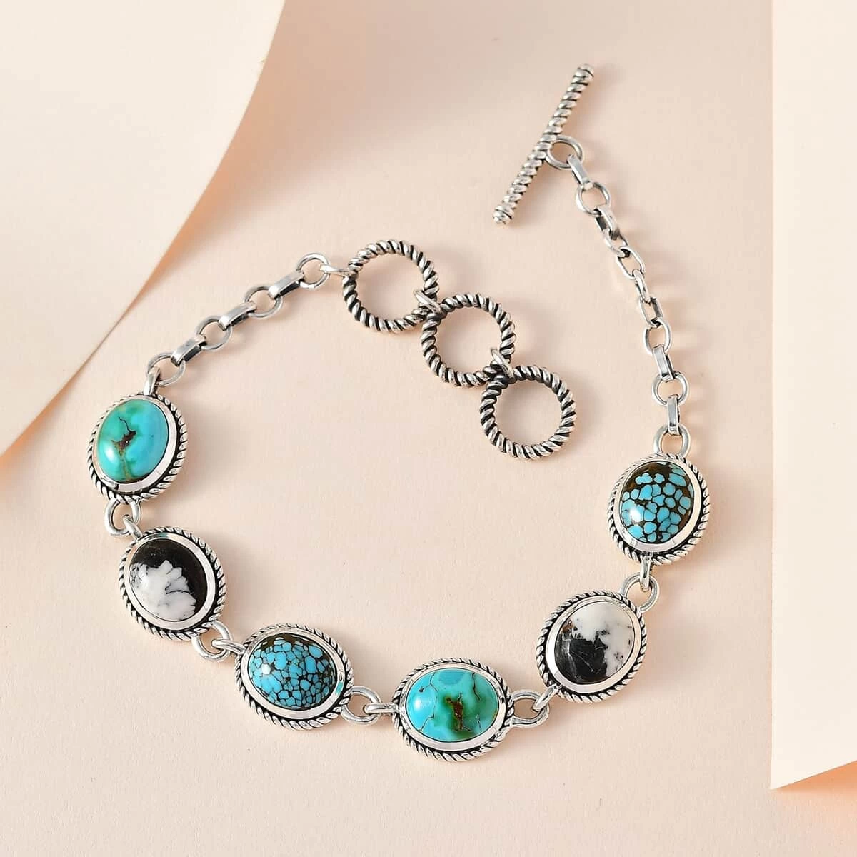 Artisan Crafted Royston Turquoise, Blue Moon Turquoise And White Buffalo Toggle Clasp Bracelet In Sterling Silver (7.25 In) 16.50 Ctw 4 Artisan Crafted Royston Turquoise, Blue Moon Turquoise And White Buffalo Toggle Clasp Bracelet In Sterling Silver (7.25 In) 16.50 Ctw - Image 2