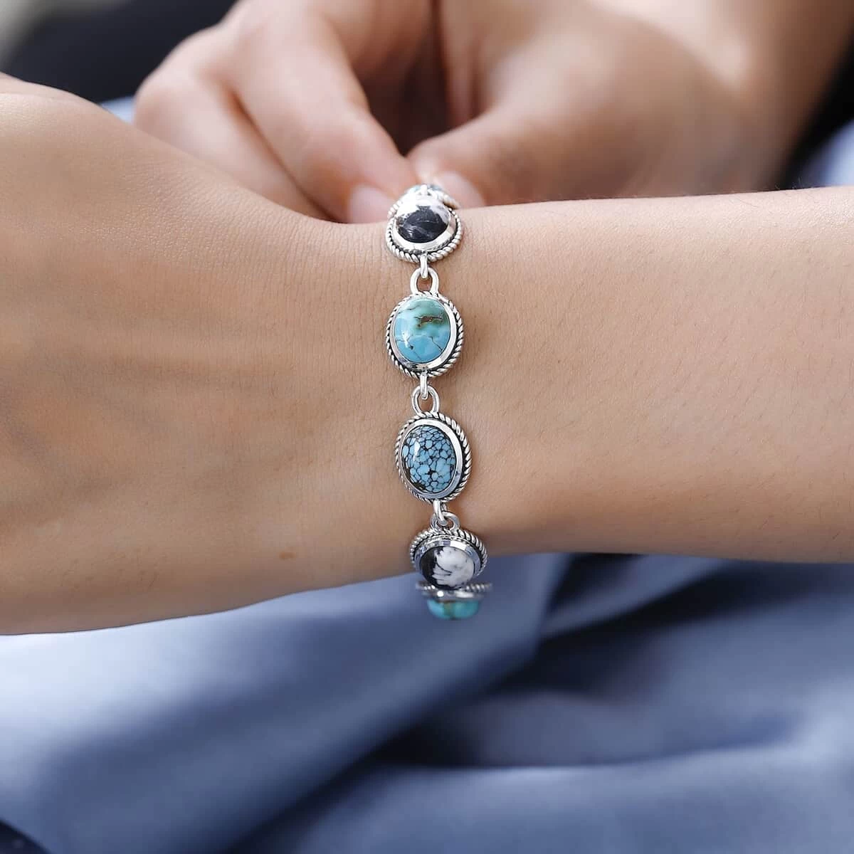 Artisan Crafted Royston Turquoise, Blue Moon Turquoise And White Buffalo Toggle Clasp Bracelet In Sterling Silver (7.25 In) 16.50 Ctw 5 Artisan Crafted Royston Turquoise, Blue Moon Turquoise And White Buffalo Toggle Clasp Bracelet In Sterling Silver (7.25 In) 16.50 Ctw - Image 3