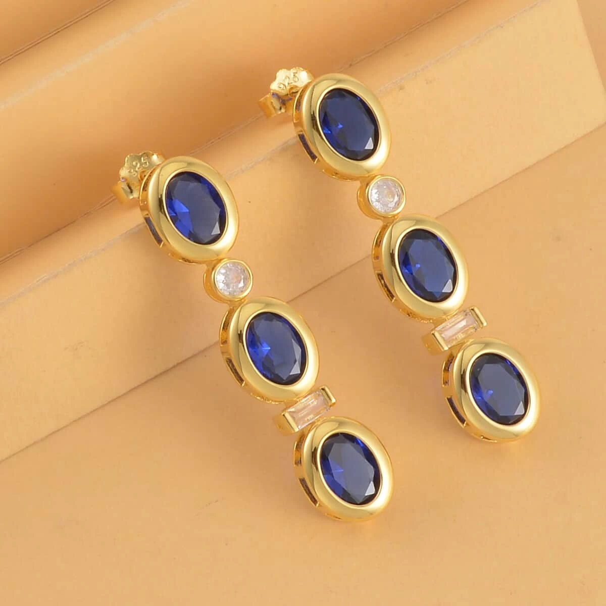 Simulated Blue And White Diamond Earrings In 14K Yellow Gold Over Sterling Silver 5.80 Ctw 4 Simulated Blue And White Diamond Earrings In 14K Yellow Gold Over Sterling Silver 5.80 Ctw - Image 2