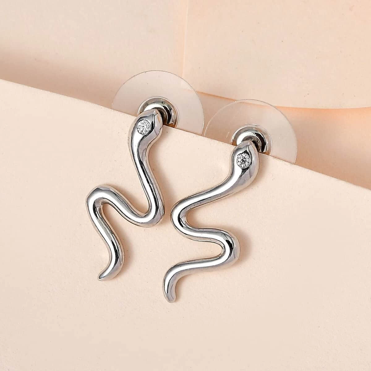 Moissanite Minimalist Snake Stud Earrings In Platinum Over Sterling Silver 4 Moissanite Minimalist Snake Stud Earrings In Platinum Over Sterling Silver - Image 2