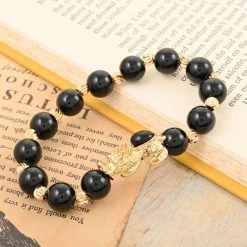 Pixiu Feng Shui Black Obsidian 9-10mm Beaded Bracelet In Goldtone (6.50-7.00In) 83.10 Ctw -Jewelry store 7618635 1