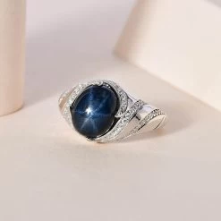 Blue Star Sapphire (DF) And Moissanite Ring In Platinum Over Sterling Silver 6.65 Ctw -Jewelry store 7618663 1