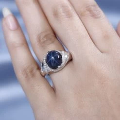 Blue Star Sapphire (DF) And Moissanite Ring In Platinum Over Sterling Silver 6.65 Ctw -Jewelry store 7618663 2