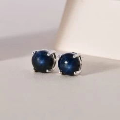 Blue Star Sapphire (DF) Solitaire Stud Earrings In Platinum Over Sterling Silver 4.50 Ctw -Jewelry store 7618687 1