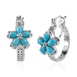 Premium Sleeping Beauty Turquoise Flower Hoop Earrings In Platinum Over Sterling Silver 2.00 Ctw