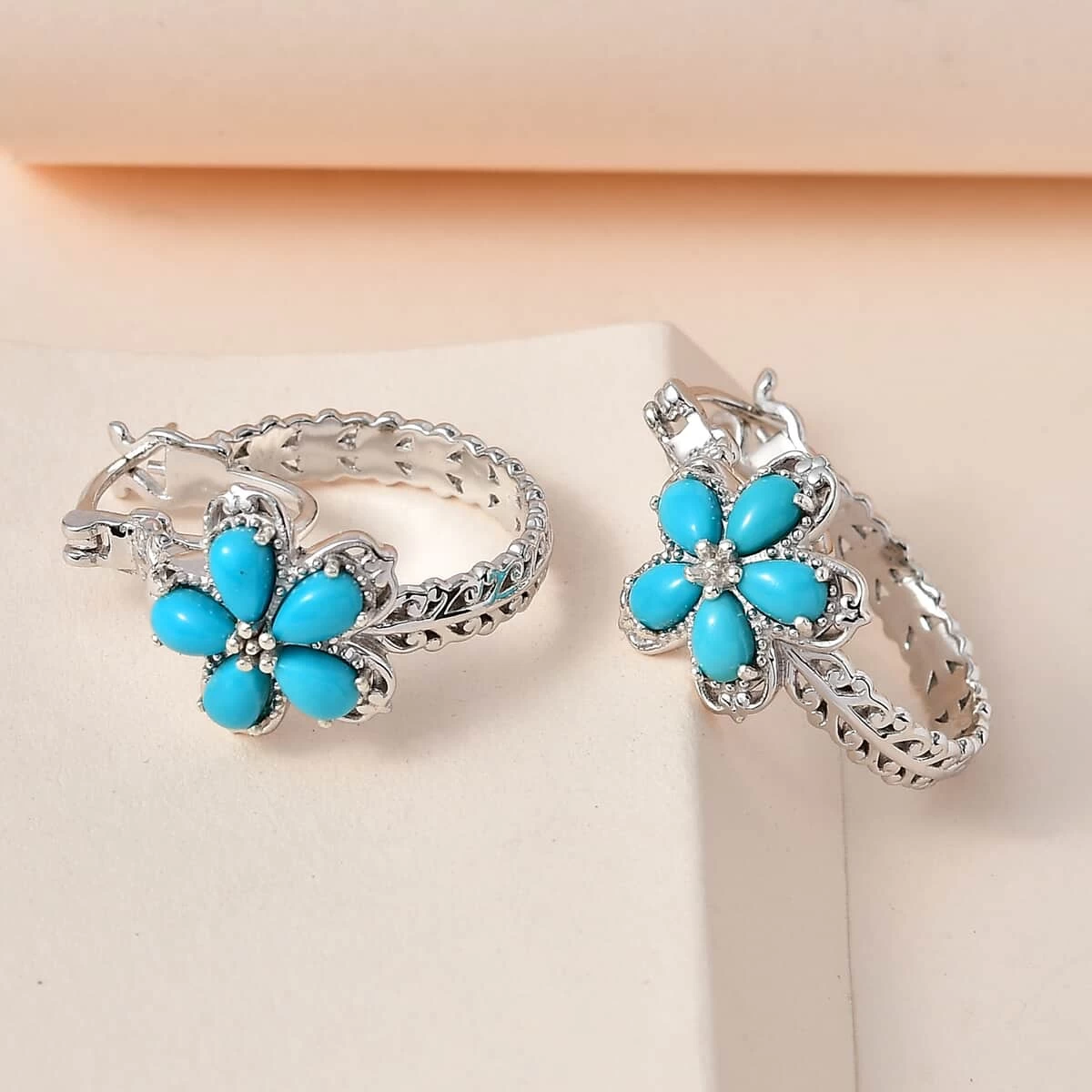 Premium Sleeping Beauty Turquoise Flower Hoop Earrings In Platinum Over Sterling Silver 2.00 Ctw 4 Premium Sleeping Beauty Turquoise Flower Hoop Earrings In Platinum Over Sterling Silver 2.00 Ctw - Image 2