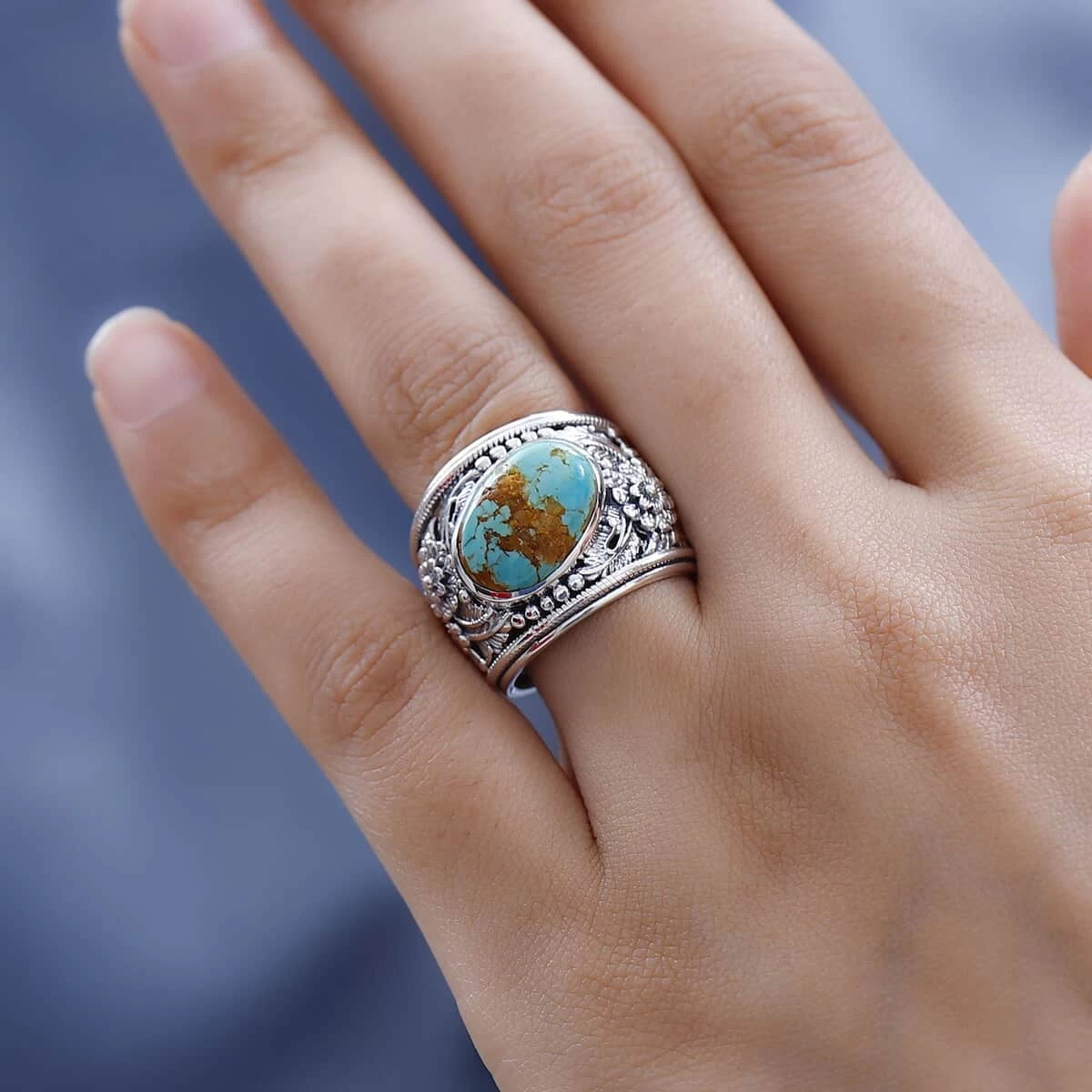 Artisan Crafted Royston Turquoise Floral Ring In Sterling Silver 5.90 Ctw 5 Artisan Crafted Royston Turquoise Floral Ring In Sterling Silver 5.90 Ctw - Image 3