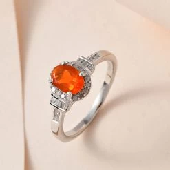 Mexican Fire Opal And Diamond Halo Ring In Platinum Over Sterling Silver 0.75 Ctw -Jewelry store 7620161 1