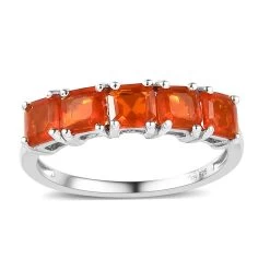 Asscher Cut Mexican Fire Opal 5 Stone Ring In Platinum Over Sterling Silver 1.10 Ctw