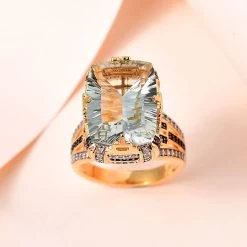 GP Art Deco Collection AAA Montezuma Prasiolite, Brown And White Zircon Ring In Vermeil Yellow Gold Over Sterling Silver 12.65 Ctw (Del. In 5-7 Days) -Jewelry store 7622096 1