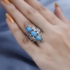 Artisan Crafted Premium Sleeping Beauty Turquoise 3 Stone Ring In Sterling Silver (Del. In 3-5 Days) 2.15 Ctw -Jewelry store 7623541 2