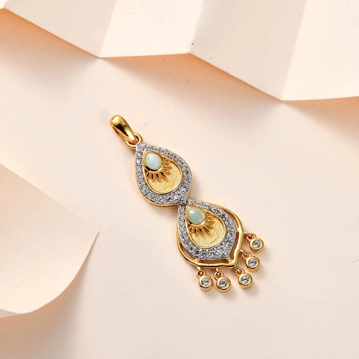 Ethiopian Welo Opal And White Zircon Pendant In Vermeil Yellow Gold Over Sterling Silver 1.00 Ctw 4 Ethiopian Welo Opal And White Zircon Pendant In Vermeil Yellow Gold Over Sterling Silver 1.00 Ctw - Image 2