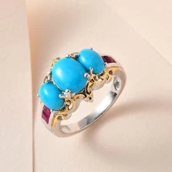 Premium Sleeping Beauty Turquoise, Niassa Ruby (FF) Ring In Vermeil YG And Platinum Over Sterling Silver (Del. In 3-5 Days) 3.50 Ctw -Jewelry store 7626334 1