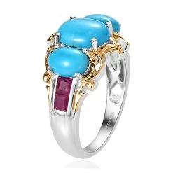 Premium Sleeping Beauty Turquoise, Niassa Ruby (FF) Ring In Vermeil YG And Platinum Over Sterling Silver (Del. In 3-5 Days) 3.50 Ctw -Jewelry store 7626334 3