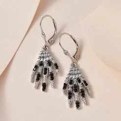 Thai Black Spinel Lever Back Halloween Skeleton Hands Earrings In Platinum Over Sterling Silver 0.55 Ctw -Jewelry store 7626667 1