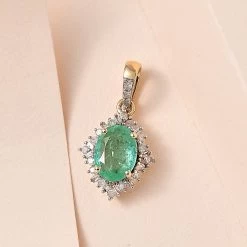 Luxoro 10K Yellow Gold Premium Ethiopian Emerald And G-H I3 Diamond Halo Pendant 1.40 Ctw -Jewelry store 7627128 1