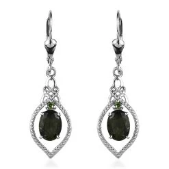 Bohemian Moldavite And Chrome Diopside Dangling Earrings In Platinum Over Sterling Silver 2.10 Ctw