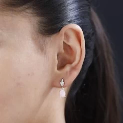 Peruvian Pink Opal And Moissanite Dangle Earrings In Platinum Over Sterling Silver 2.00 Ctw -Jewelry store 7628740 2