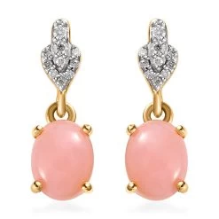 Peruvian Pink Opal And Moissanite Dangle Earrings In Vermeil Yellow Gold Over Sterling Silver 2.00 Ctw