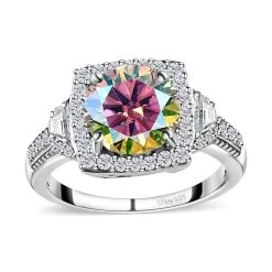 Dichroic Luminous Moissanite And White Moissanite Halo Ring In Platinum Over Sterling Silver 2.90 Ctw
