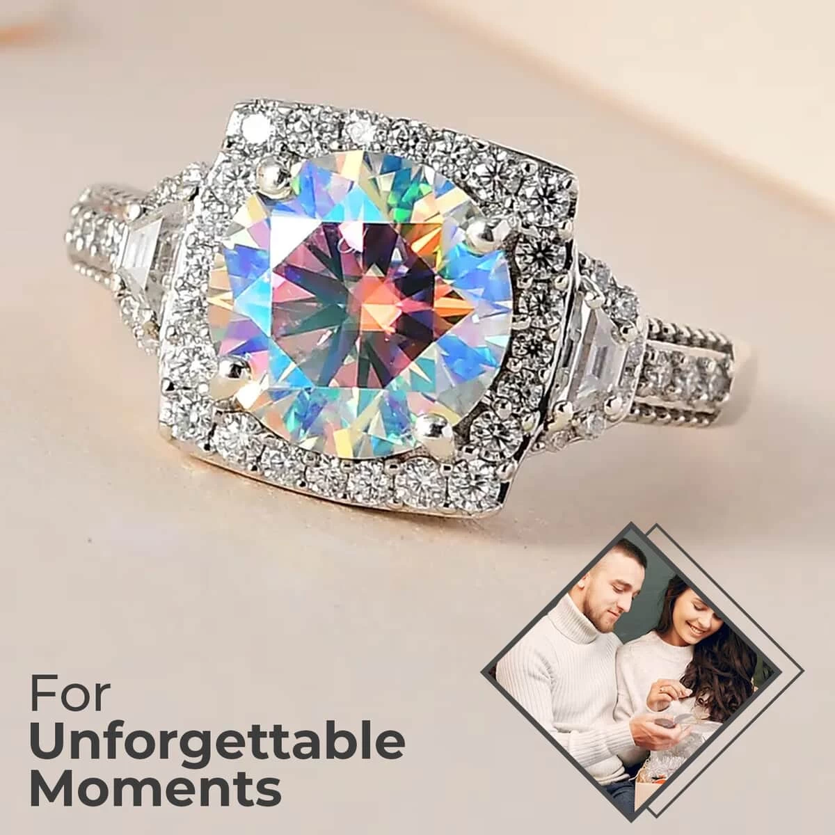 Dichroic Luminous Moissanite And White Moissanite Halo Ring In Platinum Over Sterling Silver 2.90 Ctw 4 Dichroic Luminous Moissanite And White Moissanite Halo Ring In Platinum Over Sterling Silver 2.90 Ctw - Image 2