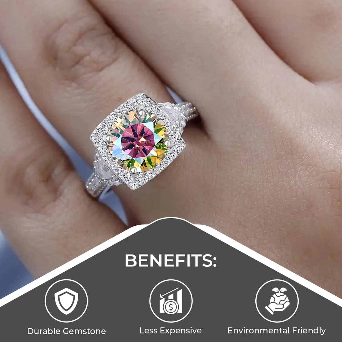 Dichroic Luminous Moissanite And White Moissanite Halo Ring In Platinum Over Sterling Silver 2.90 Ctw 6 Dichroic Luminous Moissanite And White Moissanite Halo Ring In Platinum Over Sterling Silver 2.90 Ctw - Image 4