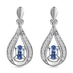 Ceylon Blue Sapphire And White Zircon Dangling Earrings In Platinum Over Sterling Silver 0.75 Ctw