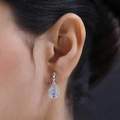 Ceylon Blue Sapphire And White Zircon Dangling Earrings In Platinum Over Sterling Silver 0.75 Ctw -Jewelry store 7634926 2